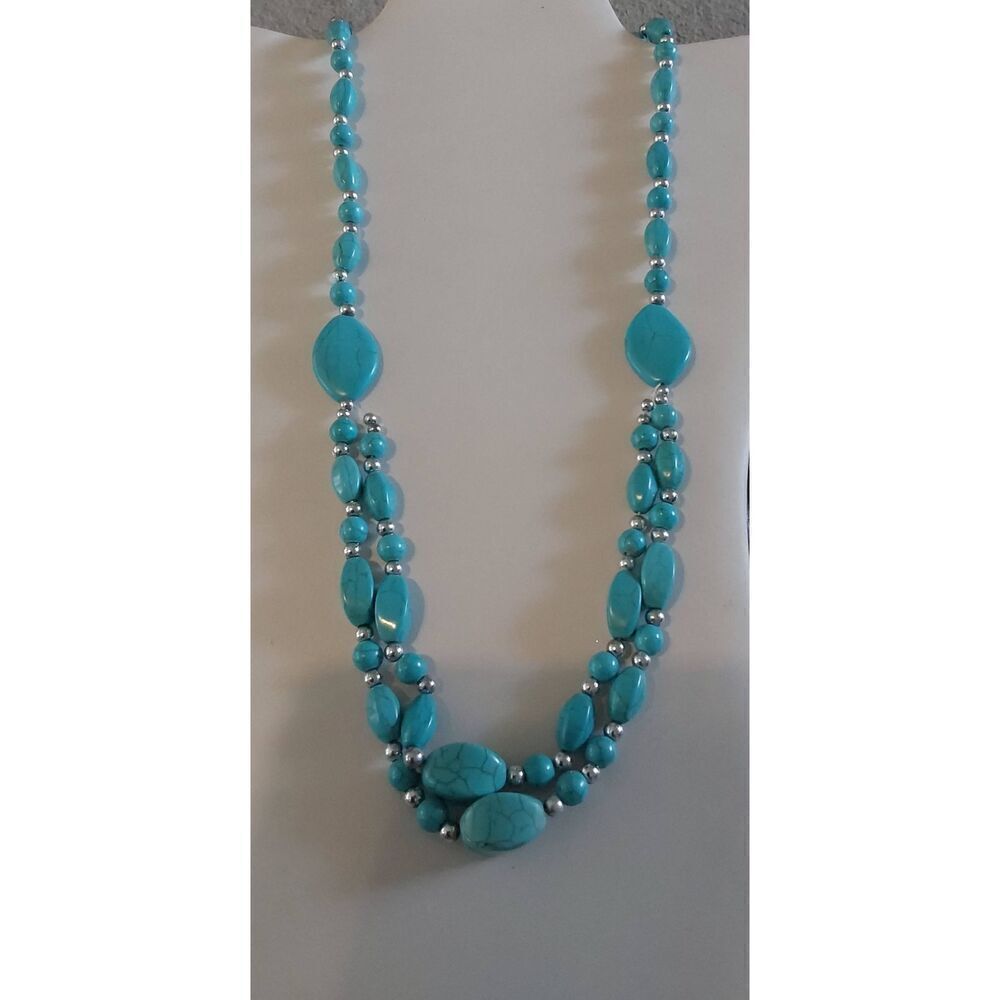 Gorgeous Genuine Turquoise & Silver Bead Long Double Strand Necklace